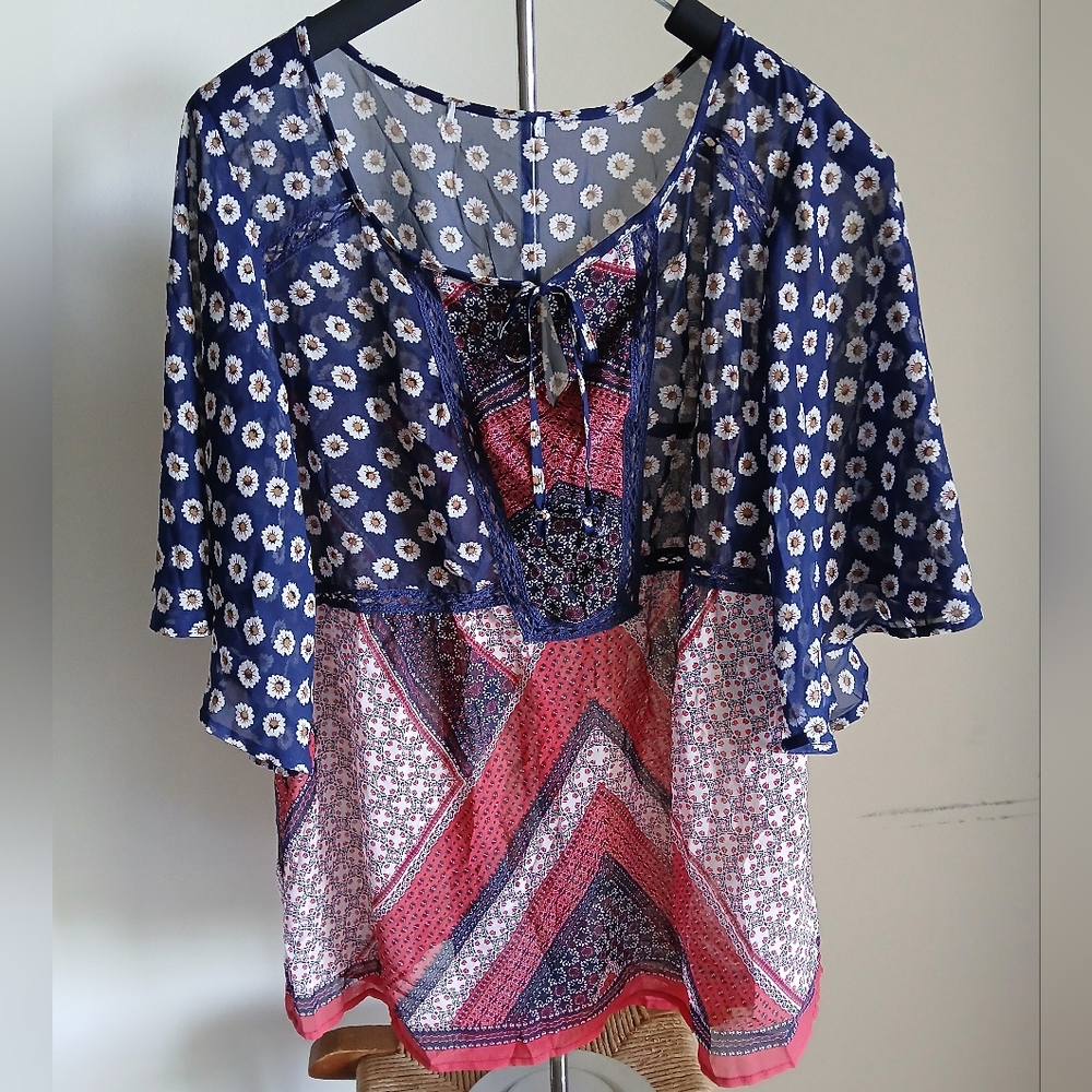 Fig & Flower Tie Neck Sheer Top
